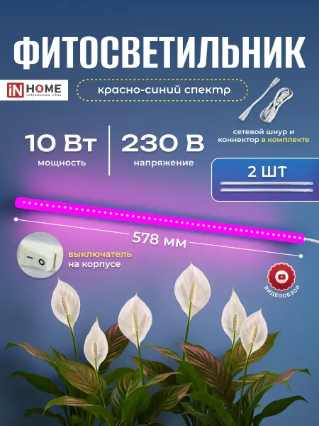 InHome Фитосветильник светильник phyto для растений цветов 10вт 2шт