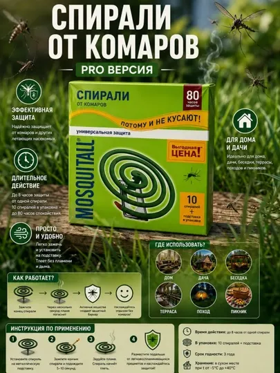Спирали от комаров Mosquitall, 10 спиралей + подставка