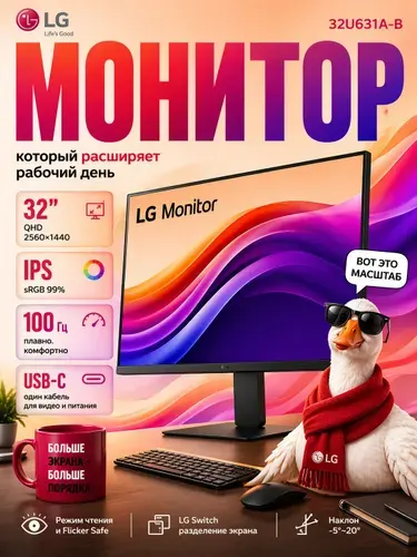 LG 32" Монитор 32U631A-B 31.5" 2K QHD IPS, 100 Гц, с портом USB-C, безрамочный, для дома и офиса (32U631A B), 2560x1440 2K, черный