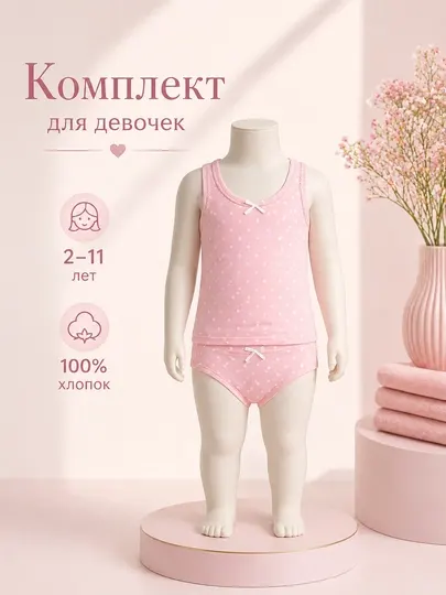 Детский комплект нижнего белья для девочек – майка и трусики,от 2 до 11 лет 100% хлопок