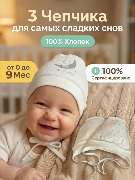 ARLINI Чепчик для новорожденного в роддом 3 шт. Хлопок 100%