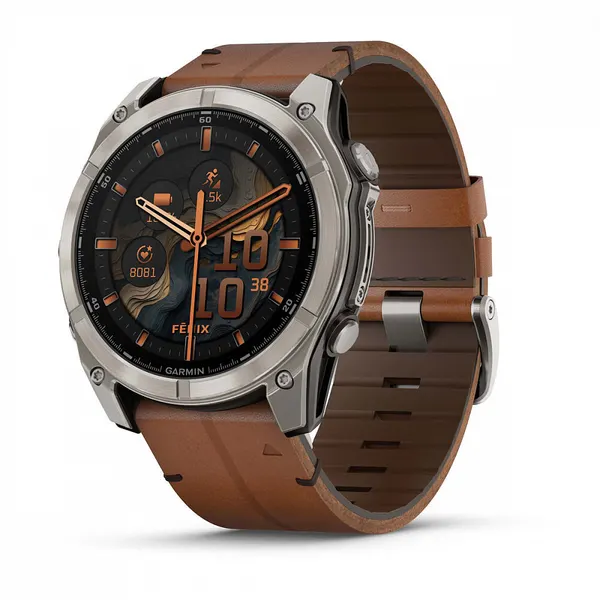 Умные часы Garmin Fenix 8 51 мм AMOLED Sapphire, Titanium, каштановый кожаный ремешок 010-02905-40