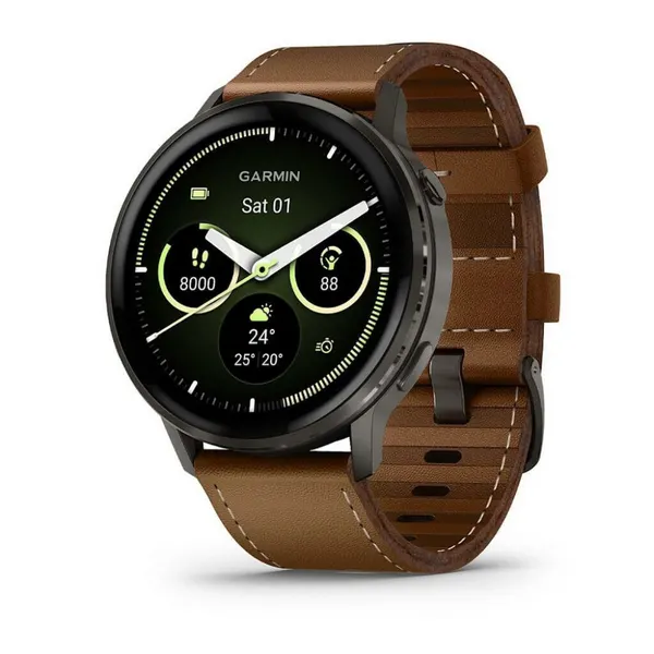 Часы Garmin Venu 4 45mm, Slate with Leather Brown Band (010-03014-03), Черный/Коричневый