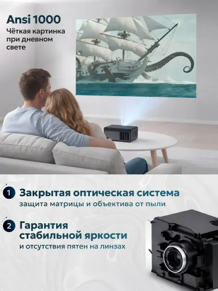 Смарт проектор Android 11, ANSI 1000, Wi-Fi 6, Bluetooth, поддержка 4K