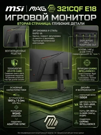 Монитор MSI MAG 321CQF E2, 31.5", 2K QHD, 170Гц, VA, игровой изогнутый 1000R