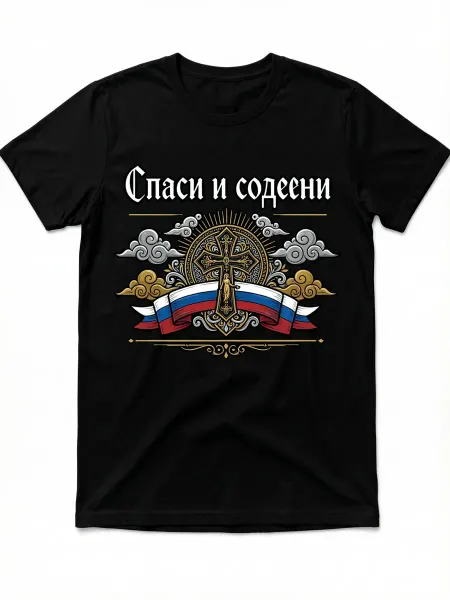 Футболка православная с надписью Спаси и сохрани, с крестом