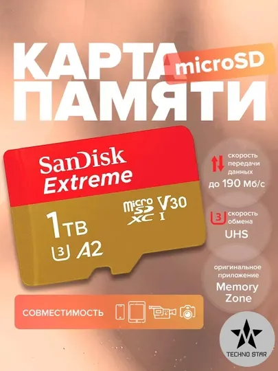 Карта памяти SanDisk Extreme microSDXC 128/256/512/1024Гб, 190Mbit/s A2, V30, 4K, U3 10c