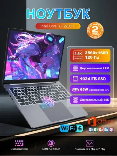 Ninkear N16 Pro Ультрабук для офиса работы и учебы, 2.5K 2560x1600 120 Гц Мощный Игровой ноутбук 16", Intel Core i7-12700H, RAM 16 ГБ, SSD 1024 ГБ, Intel Iris Xe Graphics, Windows Pro, (Двухканальная SSD,WiFi6,с office), серый металлик, Русская раскладка