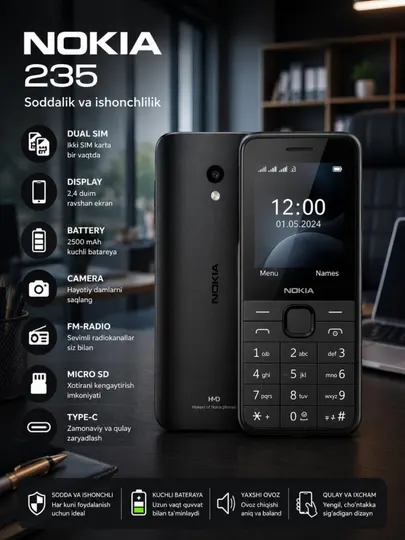 Nokia 235 — кнопочный телефон, поддержка двух SIM-карт, регистрация в системе UZIMEI