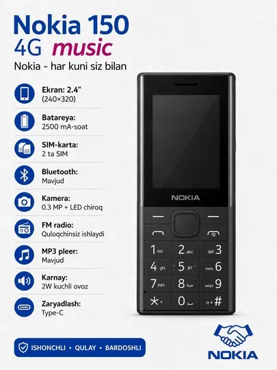 Nokia 150 4G Music mobil telefoni, 2 SIM, Type-C, FM radio. 2500 mAh batareka