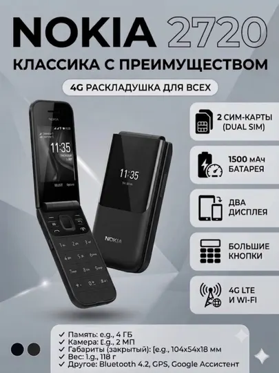 Nokia 2720 Flip кнопочный телефон 2 сим карты 1500мАч батарея два экрана раскладной корпус