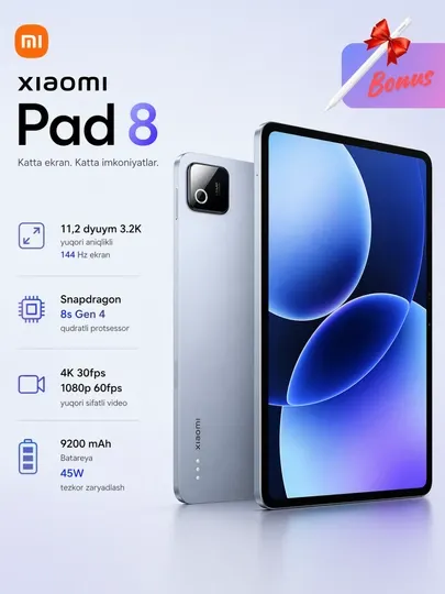 Планшет Xiaomi Pad 8, в комплекте стилус,9200мАч,45Вт,камера 50Мп,экран 11.2" 3.2K,144Гц