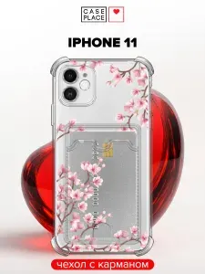 Чехол на Apple iPhone 11 (Айфон 11) с карманом и принтом "Весенняя сакура"