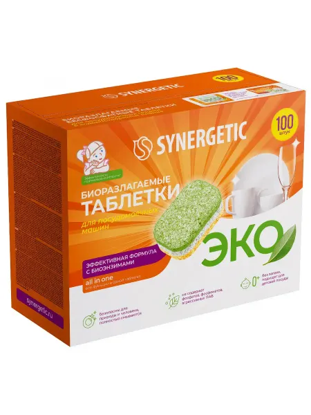 SYNERGETIC Таблетки для посудомоечных машин, бесфосфатные, 100