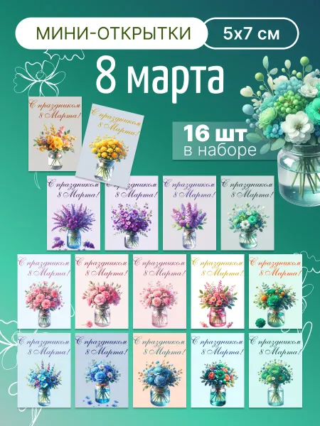 Открытки подарочные, набор 16 штук, 8 марта 5х7 см