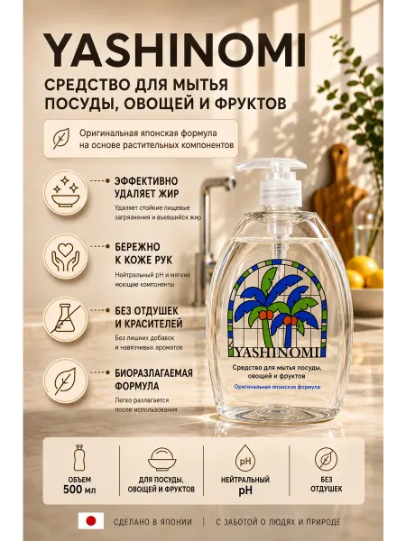 Yashinomi Средство для мытья посуды, овощей и фруктов (дозатор) 500 мл