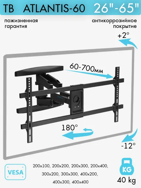 Kromax Кронштейн для телевизора 26"-65" настенный ATLANTIS-60