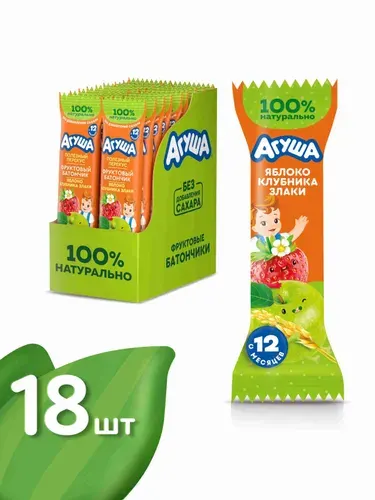 Фруктовый Батончик детский Агуша Яблоко-Клубника-злаки, 15гр, с 12 месяцев