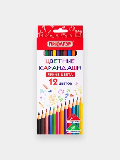 Карандаши цветные ПИФАГОР, 12 цветов, пластиковый шестигранный корпус, 182048