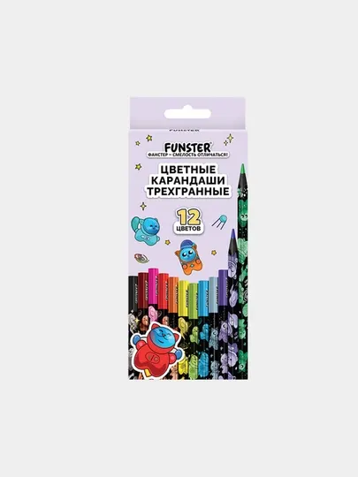 Карандаши цветные FUNSTER (ФАНСТЕР), 12 цв, черный корпус с принтом, трехгранные, 182066