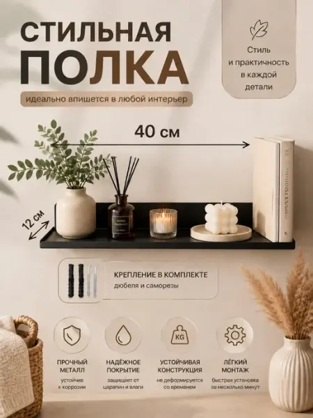 Полка черная металлическая настенная для специи 40*12