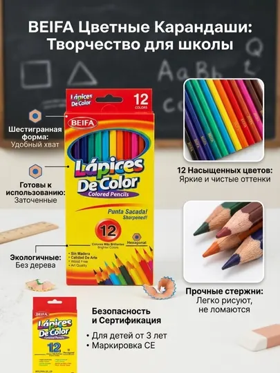 Цветные карандаши пластиковые Beifa MK1-12B1, 12 цветов