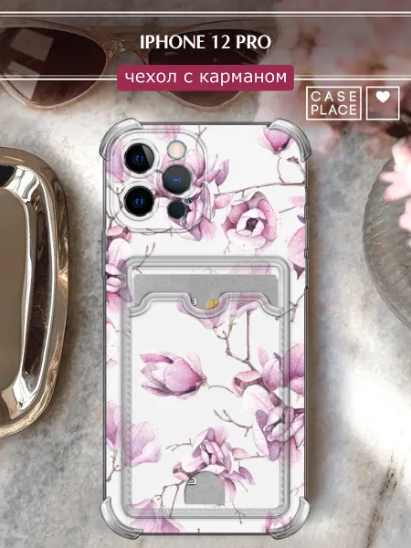 Case Place Чехол на iPhone 12 Pro с картхолдером с цветочками