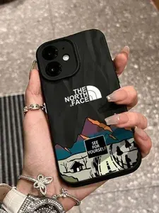 Чехол на Iphone 12 / черный, The North face, цветные горы / С защитой камеры