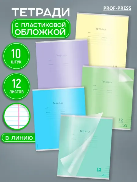 Prof-Press Тетрадь 12 листов в линейку 10 штук с пластиковой обложкой