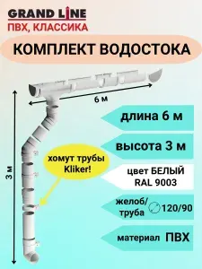 Комплект водосточной системы Grand Line 6 метров, цвет Белый (RAL 9003)/ Водосток для крыши дома Гранд Лайн, 120/90, пластиковый