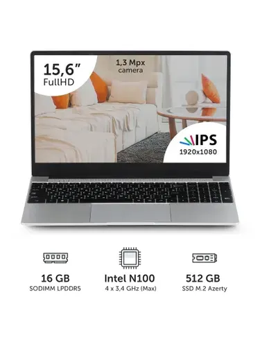 Azerty RB-1552 Ноутбук 15.6", Intel Processor N100, RAM 16 ГБ, SSD 512 ГБ, Intel UHD Graphics, Windows Pro, (120-0615), серебристый, Русская раскладка