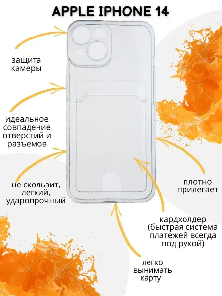 Y`Case Чехол на iPhone 14 прозрачный, кардхолдер для карт