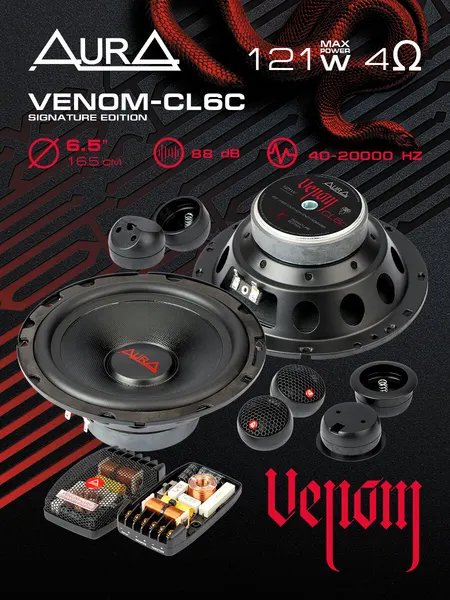 Колонки автомобильные AurA VENOM CL6C, компонентные, 6.5", 2 полосы, 71/121 Вт, черные