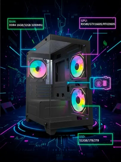 Игровой ПК, i3 12100F, DDR4 8/16/32ГБ, SSD 256/512ГБ/1ТБ/2ТБ, RX580/GTX1660s/RTX2060s