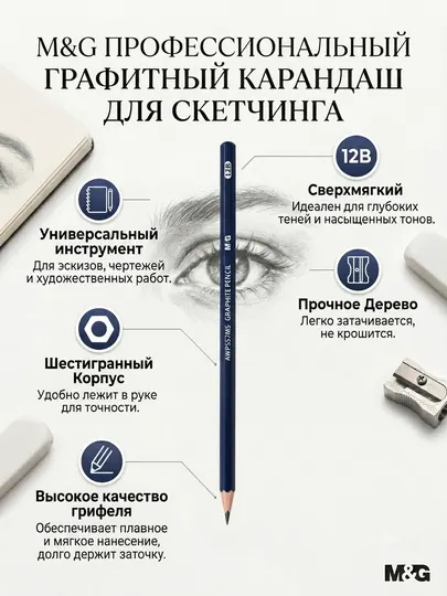 Карандаш чернографитный 12B для скетчинга и глубоких теней M&G AWP357M5
