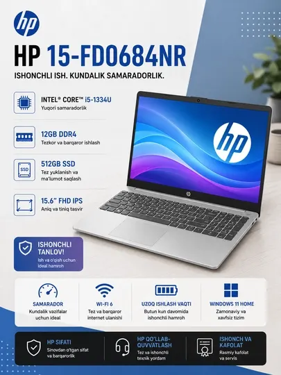 Ноутбук HP 15-fd0684nr Intel Core i5-1334U/ DDR4 12GB/ SSD 512GB/ 15.6" FHD IPS