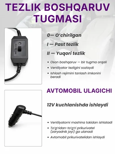 Автомобильный вентилятор 12V с поворотом 360°, с креплением на зажиме