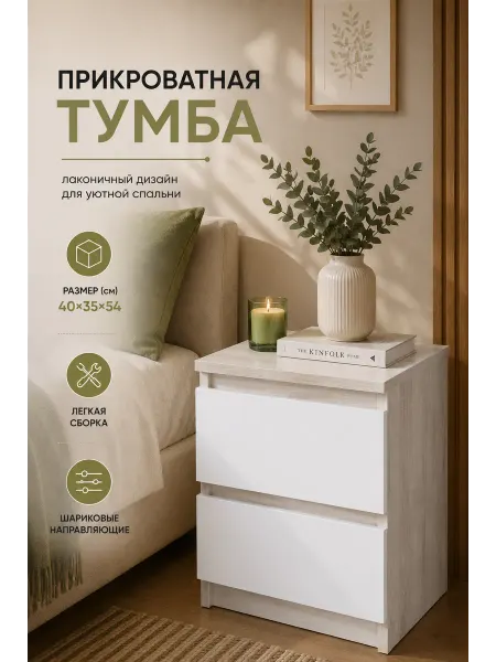 HOOZi Тумба прикроватная 2 ящика сонома белые фасады