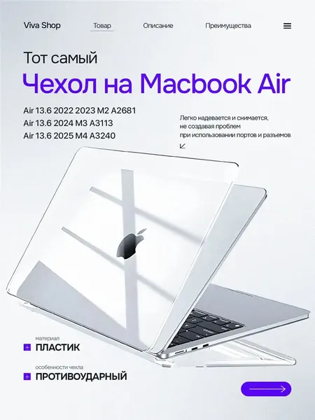 Чехол для Macbook Air 13 M2 M3 М4 / Накладка на Макбук аир 13.6 2023 2024 2025