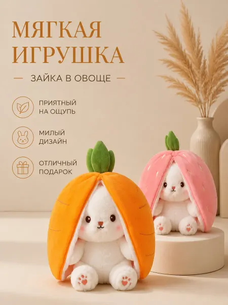 Мягкая игрушка Зайка-клубничка 3в1 плюшевый подарок