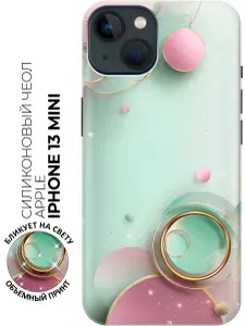 Силиконовый чехол на Apple iPhone 13 Mini с принтом "Мятная симфония с золотом"