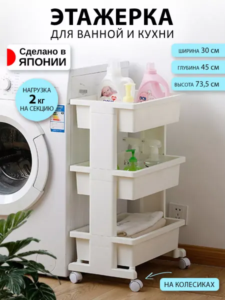 JEJ Этажерка для ванной и кухни на колесиках пластиковая