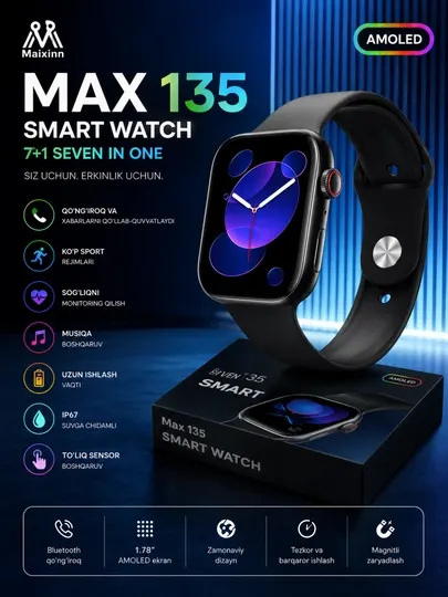 Смарт-часы Maixinn Max 135 – AMOLED экран, Bluetooth звонки, умные часы 7в1