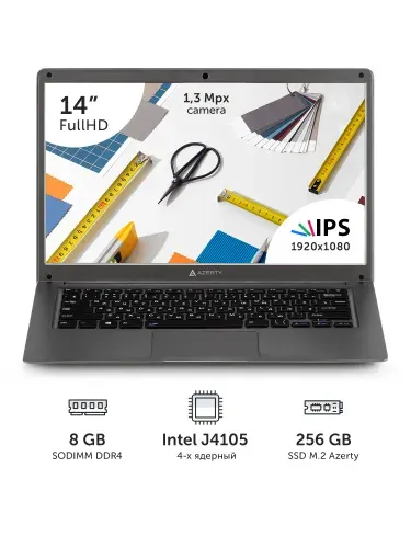 Azerty RB-1451 Ноутбук 14", Intel Celeron J4105, RAM 8 ГБ, SSD 256 ГБ, Intel UHD Graphics 600, Windows Pro, темно-серый, Русская раскладка