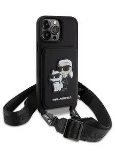 Чехол Karl Lagerfeld PU Crossbody cardslot на Apple iPhone 14 Pro Max / для Айфон 14 Про Макс из экокожи с ремешком через плечо, с карманом для карт, с нашивкой NFT Karl&Choupette, черный