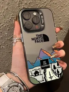 Чехол на Iphone 14 Pro Max / серый, The North face, цветные горы / с защитой камеры