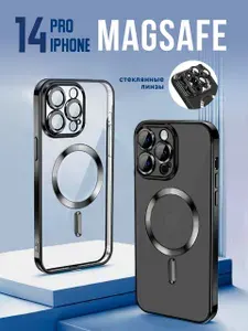 Чехол на айфон 14 PRO MagSafe противоударный с линзами для защиты камеры прозрачный с черным магнитом