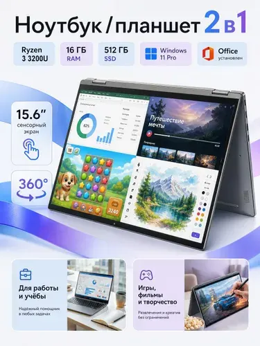 Ninkear YBOOK 15 Pro(Сенсорный экран, 2 RАМ ,360° Складной) Ноутбук 15.6", AMD Ryzen 3 3200U, RAM 16 ГБ, SSD 512 ГБ, AMD Radeon, Windows Pro, лазурный, Русская раскладка
