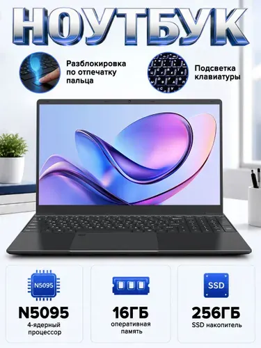 Ноутбук для работы Ноутбук 15.6", Intel Celeron N5095A, RAM 16 ГБ, SSD 256 ГБ, Intel HD Graphics 405, Windows Pro, (ноутбук для работы), черный, Русская раскладка