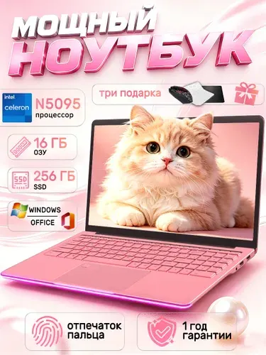 Ноутбук для работы Ноутбук 15.6", Intel Celeron N5095A, RAM 16 ГБ, SSD 256 ГБ, Intel UHD Graphics, Windows Pro, (N5095), светло-розовый, розовый, Русская раскладка